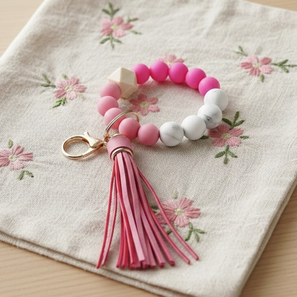 Beaded Keychain Bracelet with Tassel - Pink & Marble White 🌸